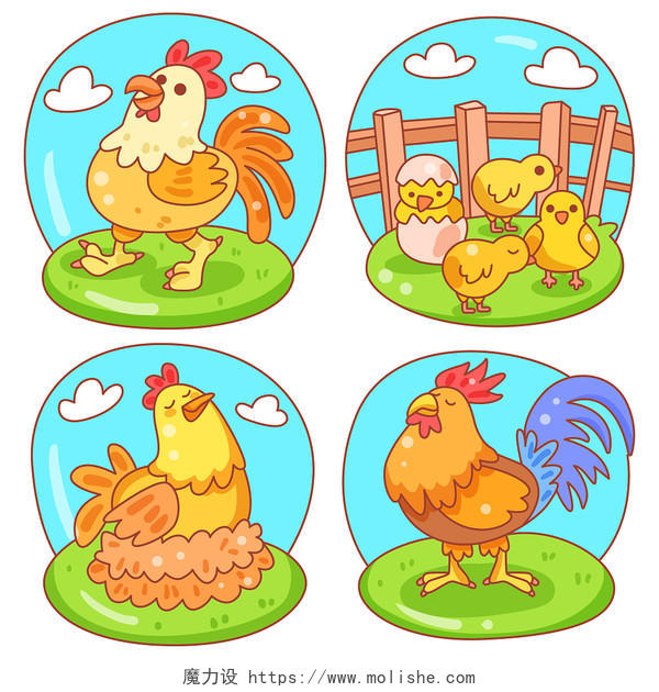 卡通夏天公鸡母鸡动物植物插画素材png